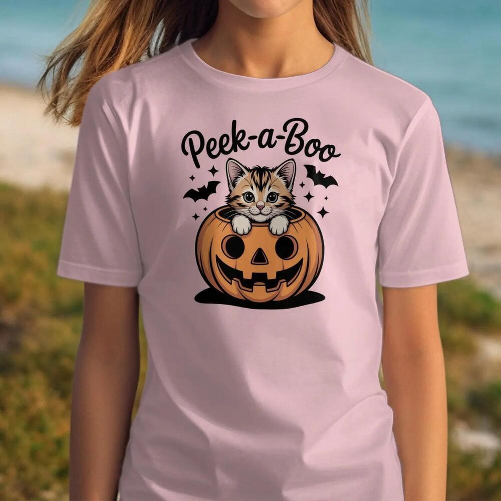 Cute Peek A Boo Kitten T-Shirt, Halloween Cat In Pumpkin Tee, Spooky